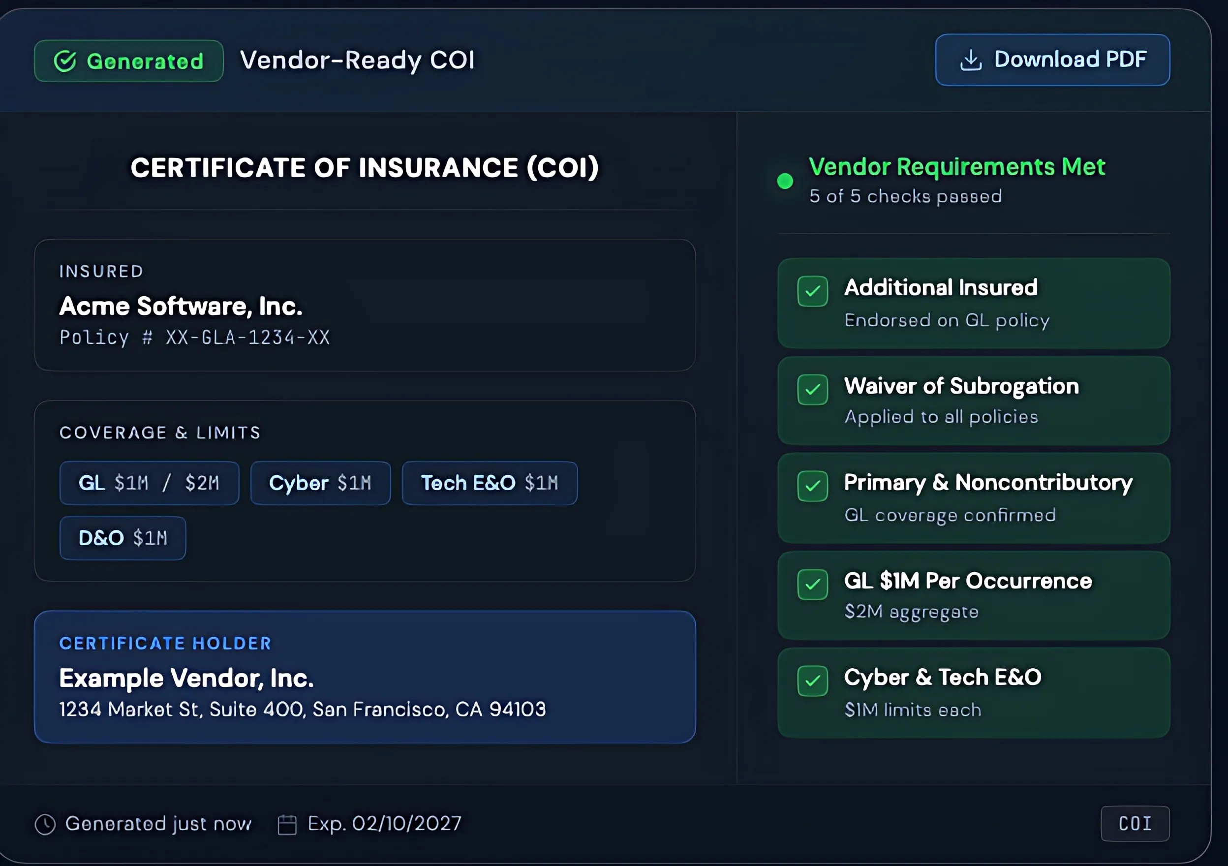 Vendor-Ready Certificate of Insurance (COI) with coverage details and vendor requirements